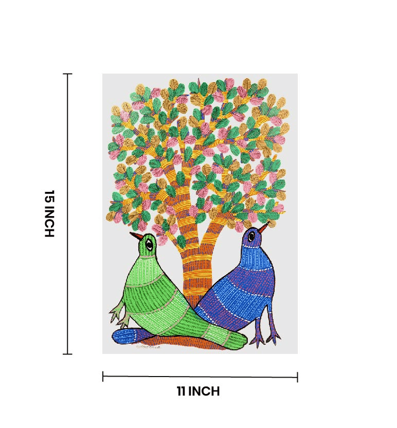 Handcrafted Gond Tree with Birds Painting – Tribal Folk Art