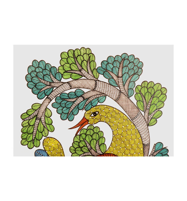 Handcrafted Gond Bird with Tree Painting – Tribal Folk Art