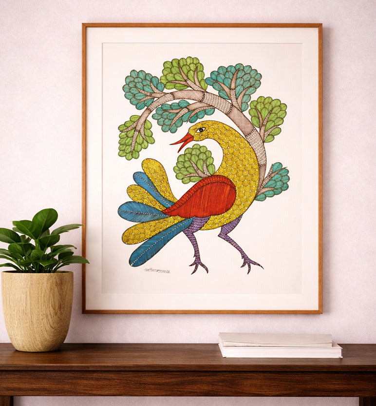 Handcrafted Gond Bird with Tree Painting – Tribal Folk Art