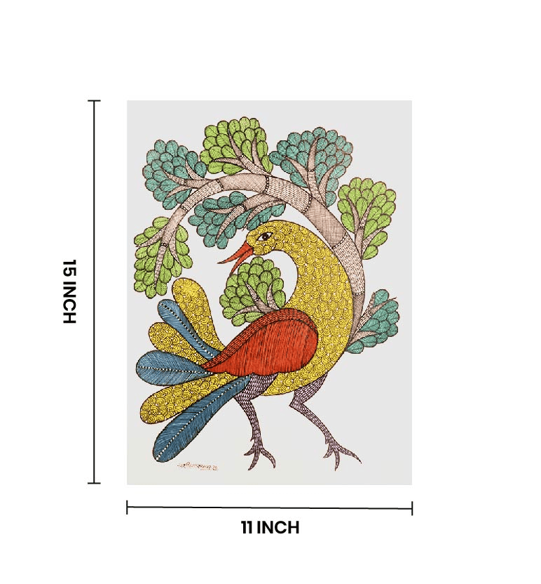 Handcrafted Gond Bird with Tree Painting – Tribal Folk Art