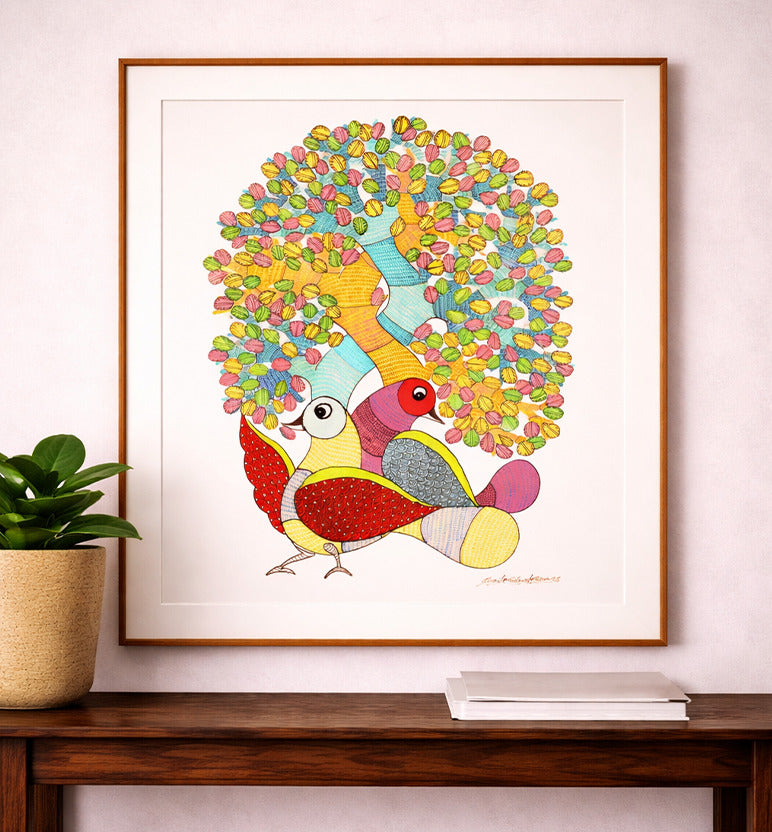 Handcrafted Gond Tree of Life with Birds – Tribal Folk Art Painting