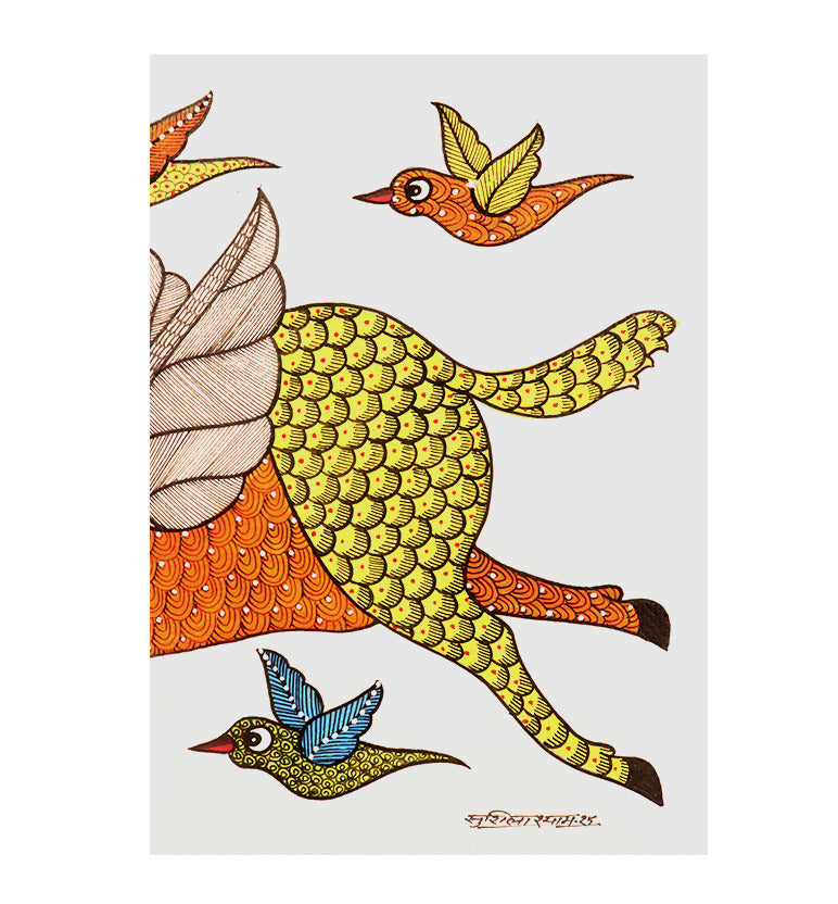 Handcrafted Gond Holy Cow Painting with Birds | Traditional Tribal Folk Art of Madhya Pradesh