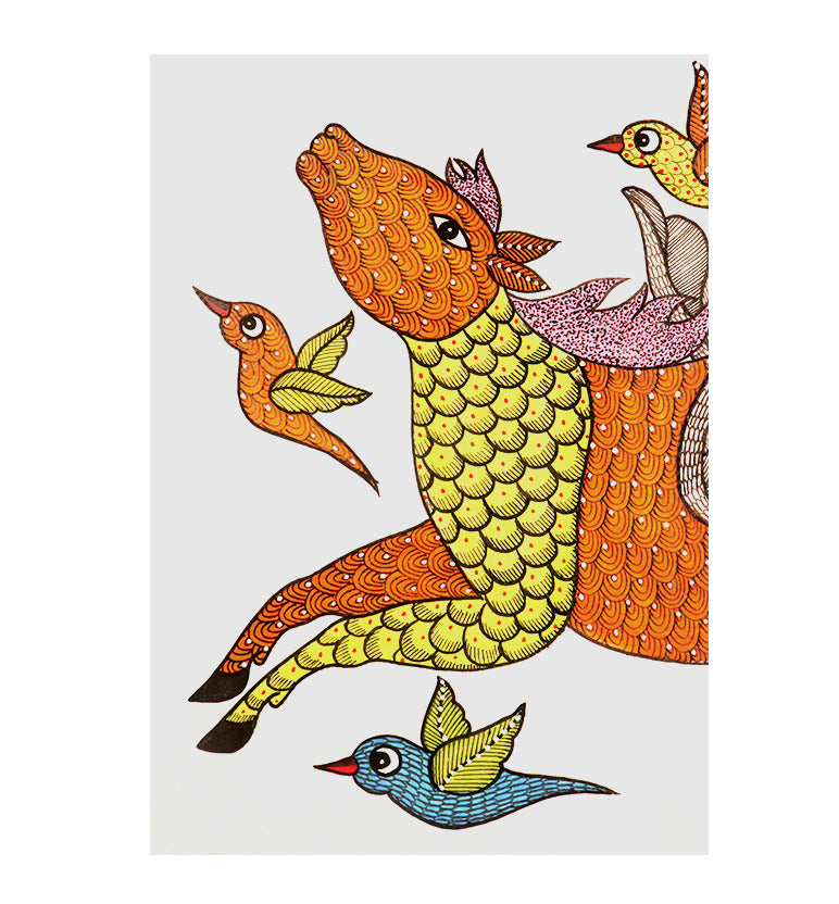 Handcrafted Gond Holy Cow Painting with Birds | Traditional Tribal Folk Art of Madhya Pradesh