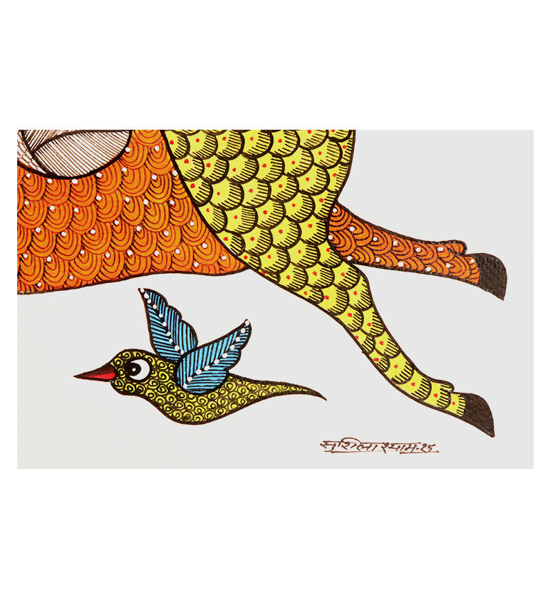 Handcrafted Gond Holy Cow Painting with Birds | Traditional Tribal Folk Art of Madhya Pradesh