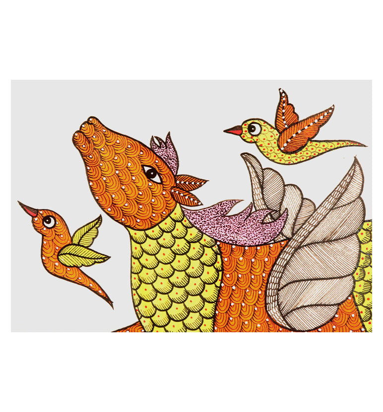 Handcrafted Gond Holy Cow Painting with Birds | Traditional Tribal Folk Art of Madhya Pradesh
