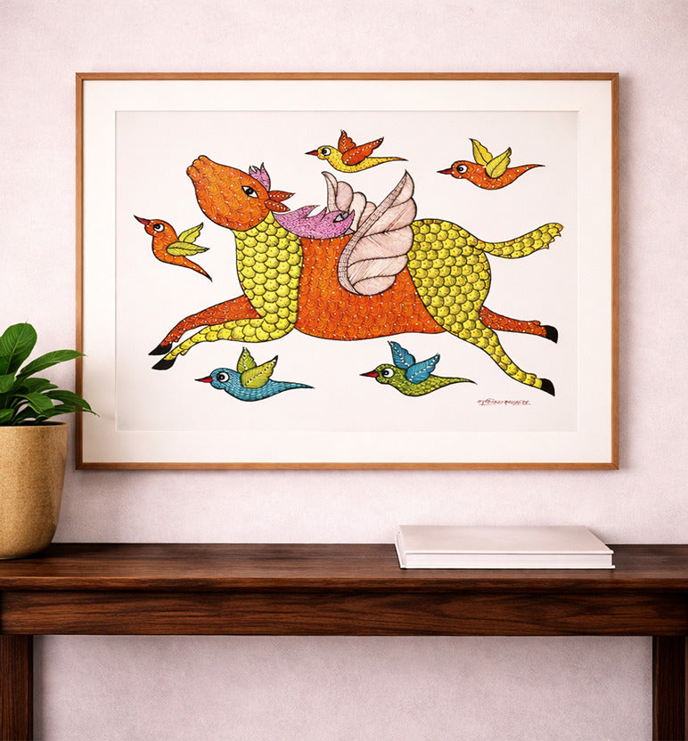 Handcrafted Gond Holy Cow Painting with Birds | Traditional Tribal Folk Art of Madhya Pradesh