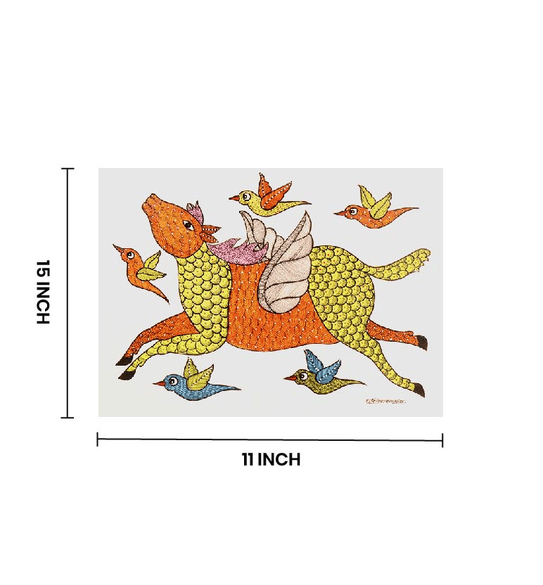 Handcrafted Gond Holy Cow Painting with Birds | Traditional Tribal Folk Art of Madhya Pradesh
