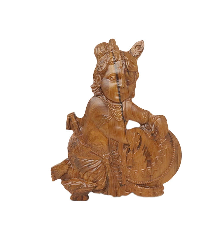 Hand-Carved Wooden Bal Krishna with Makhan Matki Wall Hanging ( medium size  )