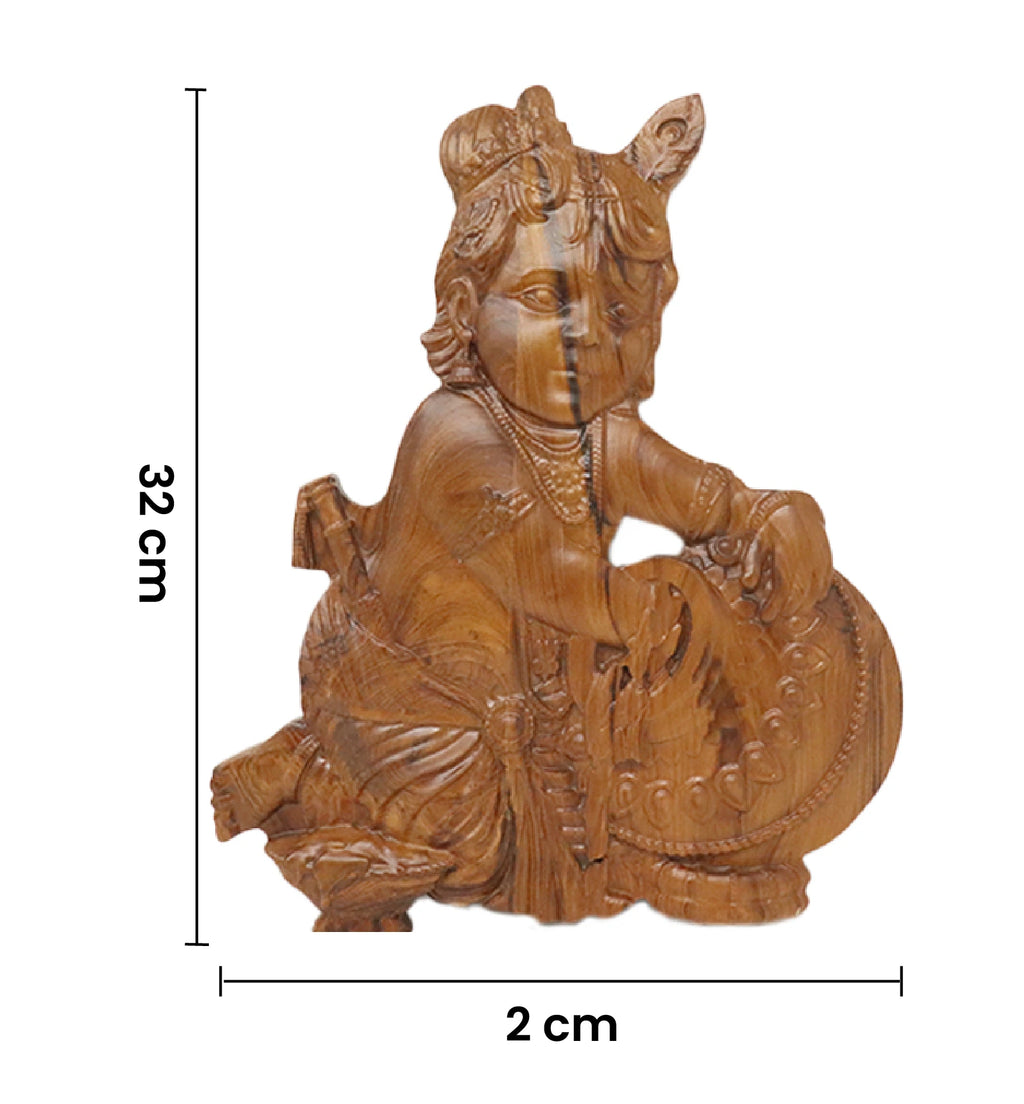 Hand-Carved Wooden Bal Krishna with Makhan Matki Wall Hanging ( medium size  )