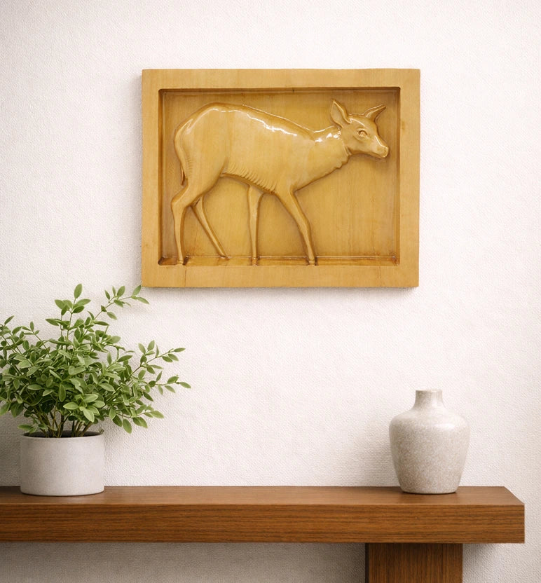 Hand-Carved Wooden Deer  Frame Wall Hanging ( small size  )