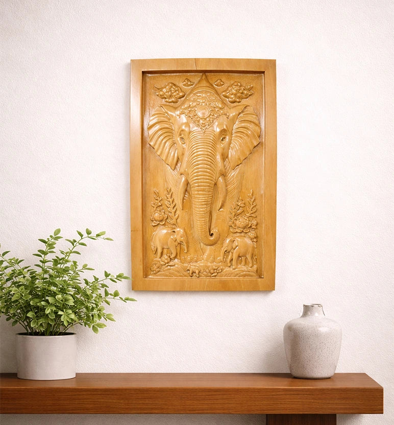Hand-Carved Wooden Elephant Frame Wall Hanging (Small Size)