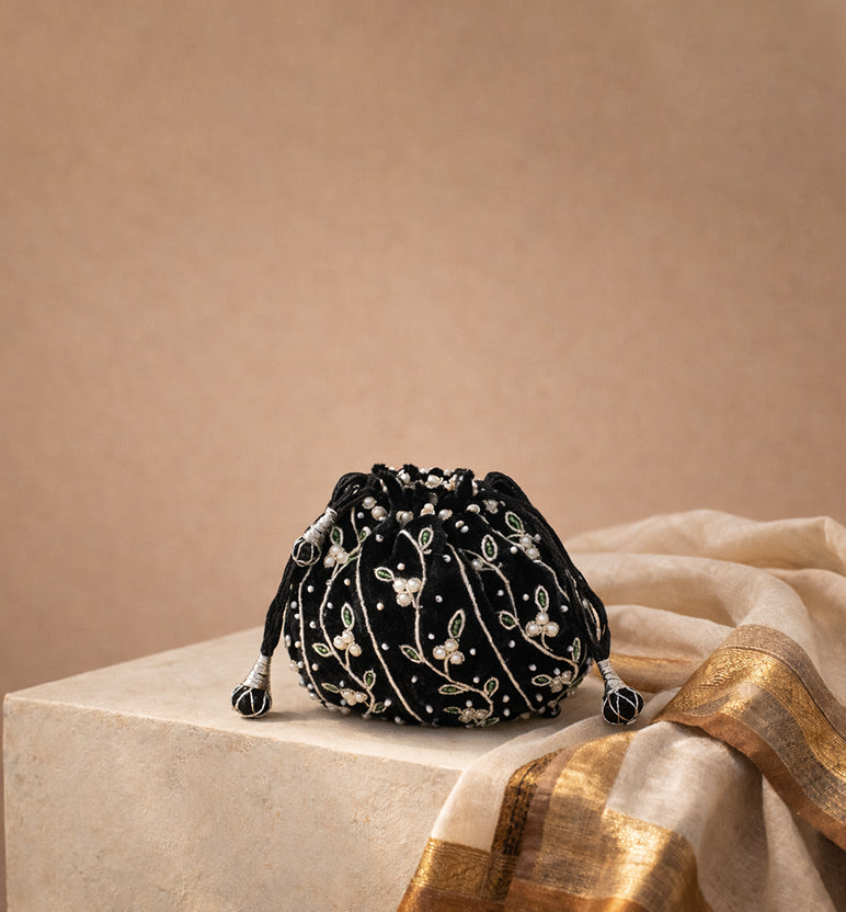 Handcrafted Zari Zardozi Embroidered Velvet Potli Bag