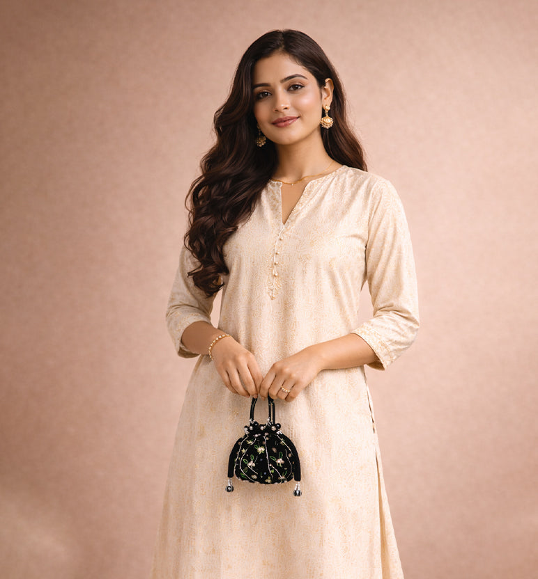Handcrafted Zari Zardozi Embroidered Velvet Potli Bag