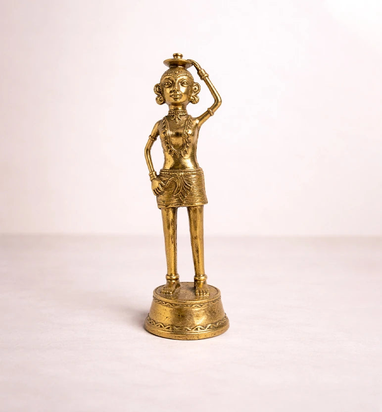 Handcrafted Bhareva Brass Tribal Woman with Weeding Knife Showpiece