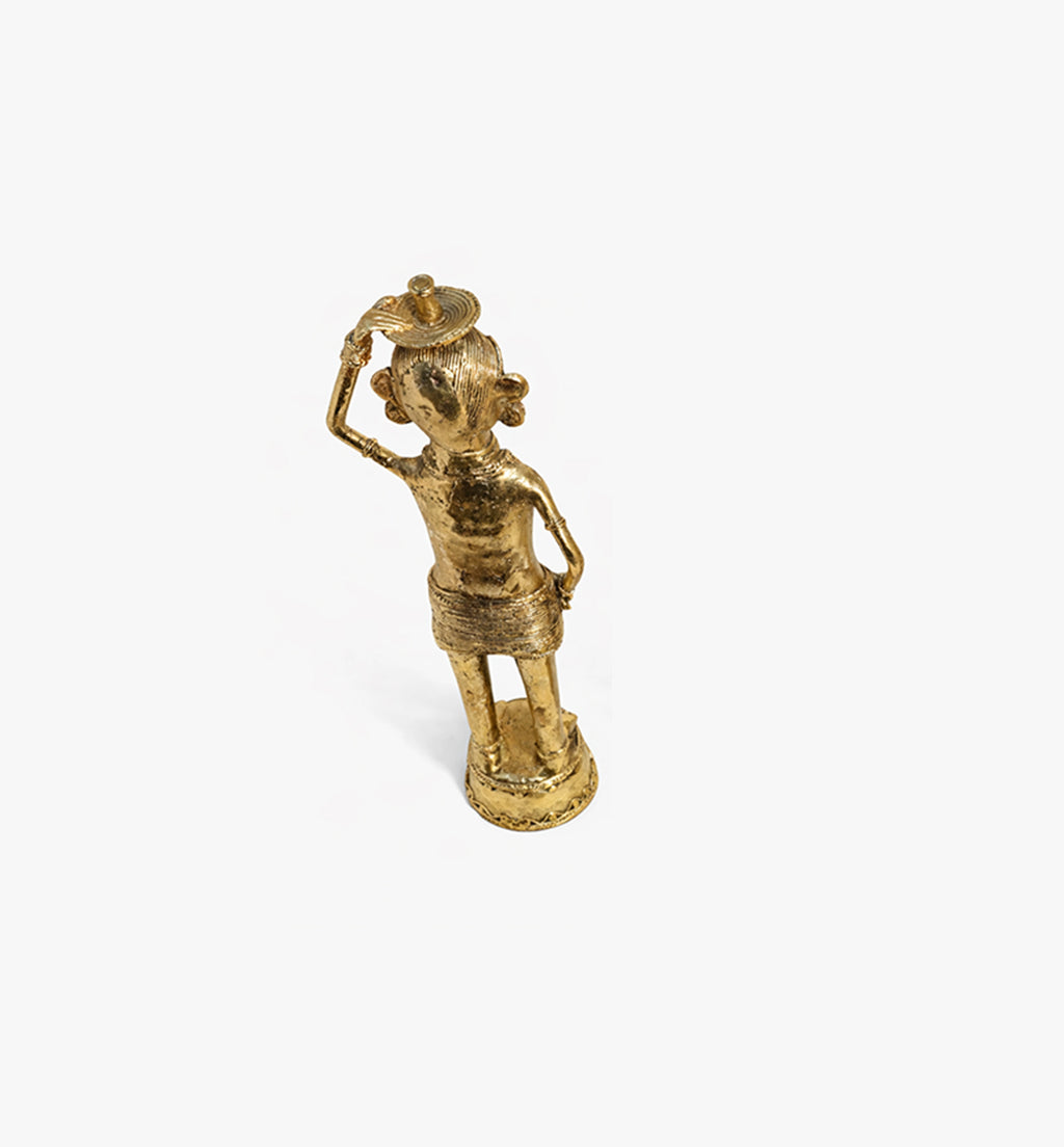 Handcrafted Bhareva Brass Tribal Woman with Weeding Knife Showpiece