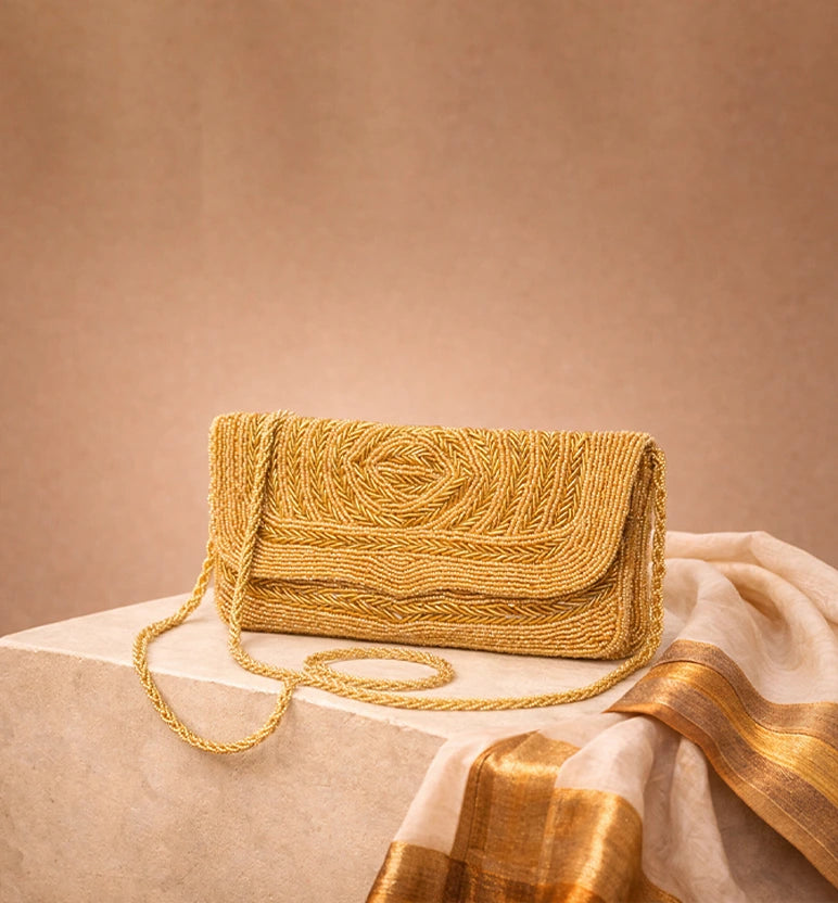 Handcrafted Gold Zari Zardozi Embroidered Evening Clutch with Chain Strap