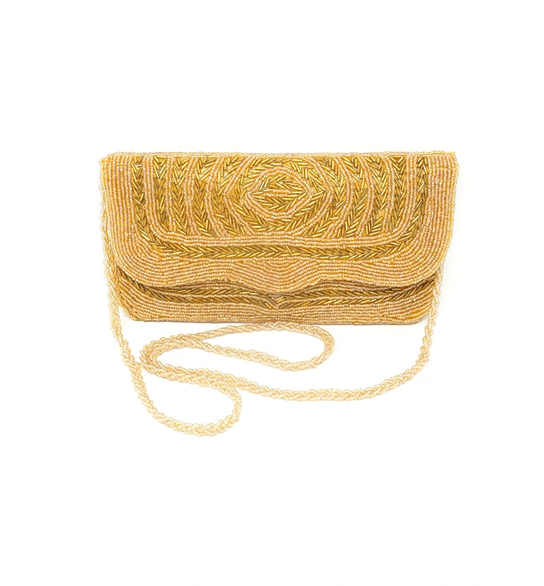 Handcrafted Gold Zari Zardozi Embroidered Evening Clutch with Chain Strap