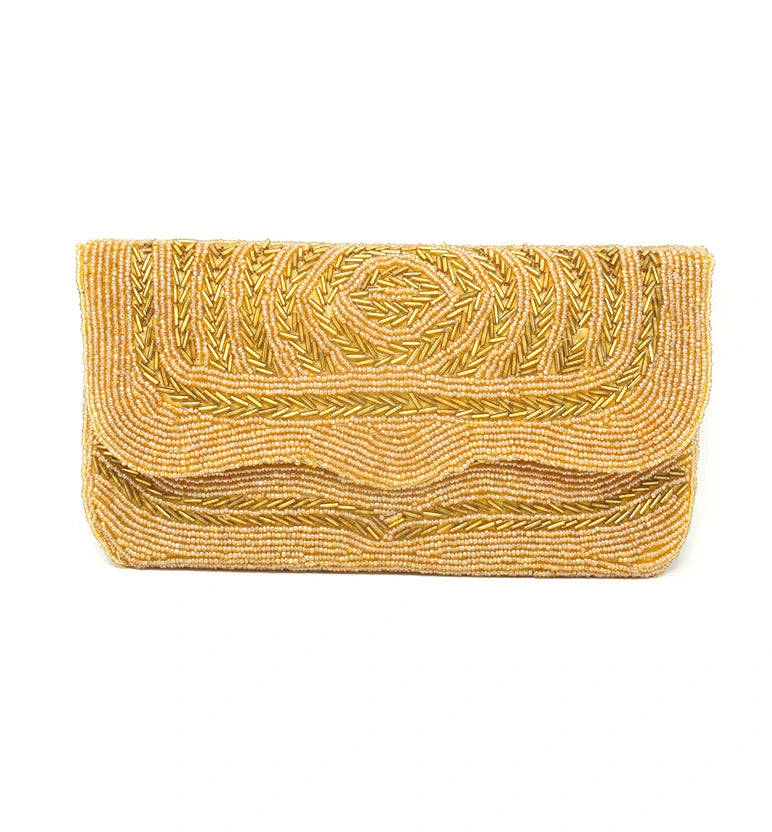 Handcrafted Gold Zari Zardozi Embroidered Evening Clutch with Chain Strap