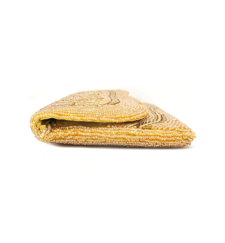 Handcrafted Gold Zari Zardozi Embroidered Evening Clutch with Chain Strap