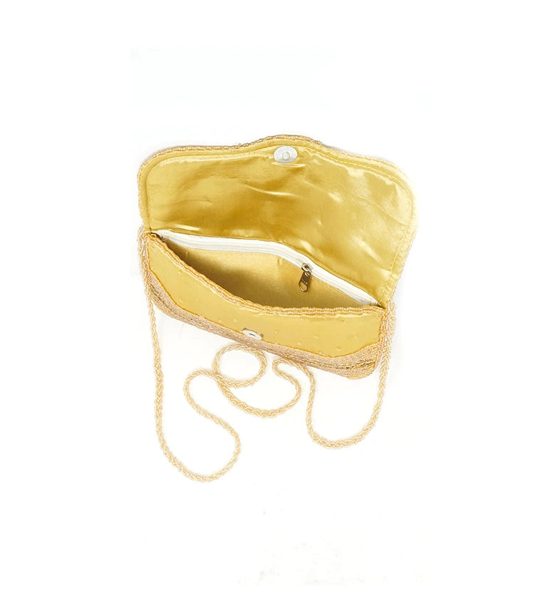 Handcrafted Gold Zari Zardozi Embroidered Evening Clutch with Chain Strap