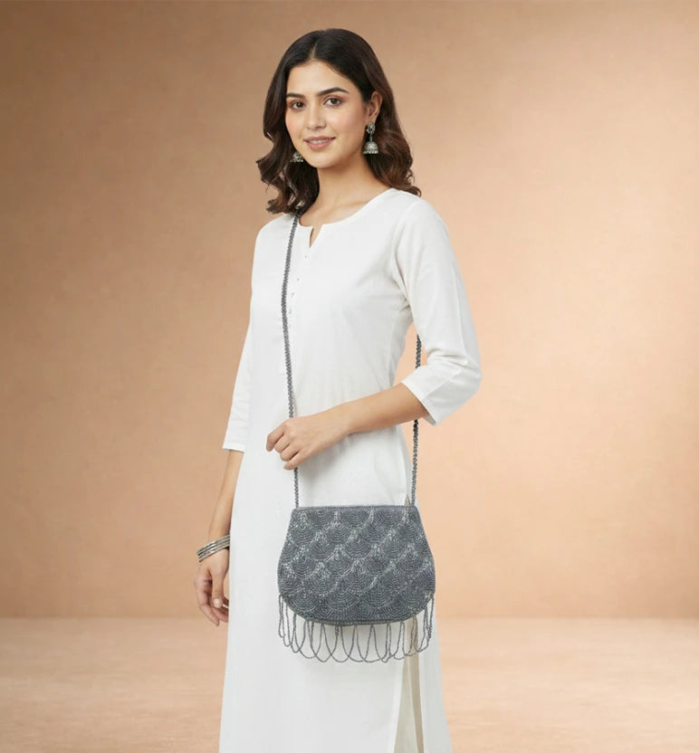Handcrafted Grey Beaded Evening Hand Bag with Chain Strap