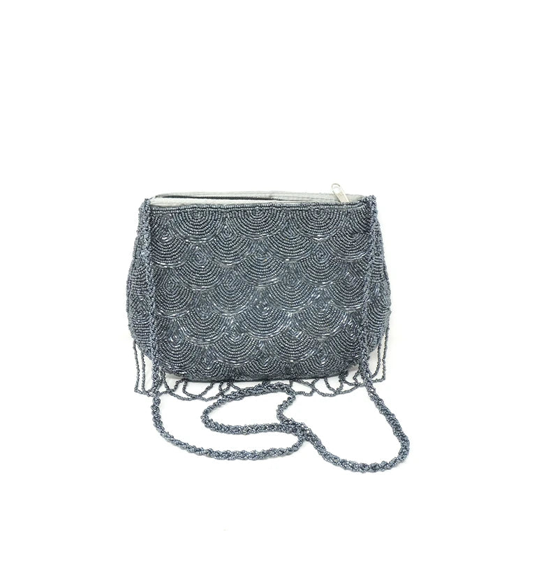 Handcrafted Grey Beaded Evening Hand Bag with Chain Strap
