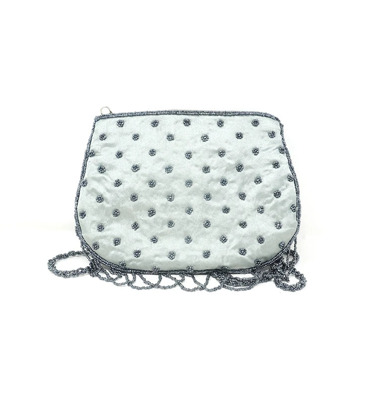 Handcrafted Grey Beaded Evening Hand Bag with Chain Strap