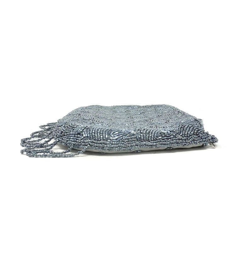 Handcrafted Grey Beaded Evening Hand Bag with Chain Strap