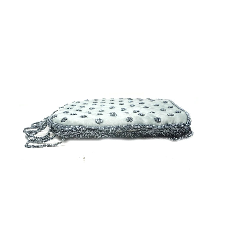 Handcrafted Grey Beaded Evening Hand Bag with Chain Strap