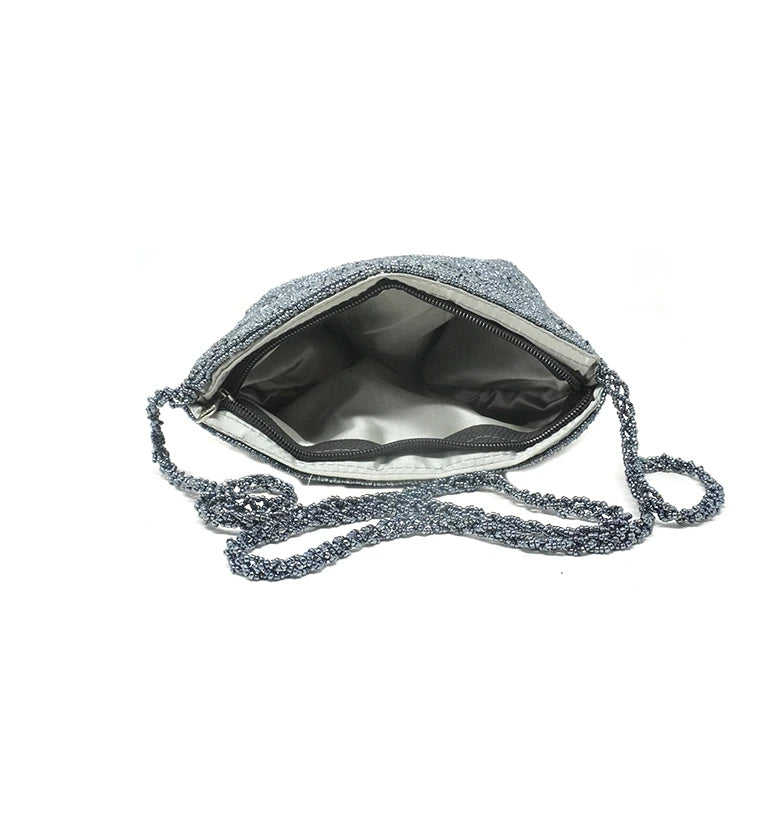 Handcrafted Grey Beaded Evening Hand Bag with Chain Strap