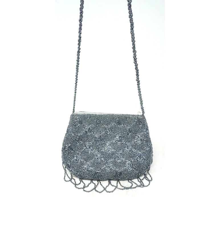 Handcrafted Grey Beaded Evening Hand Bag with Chain Strap