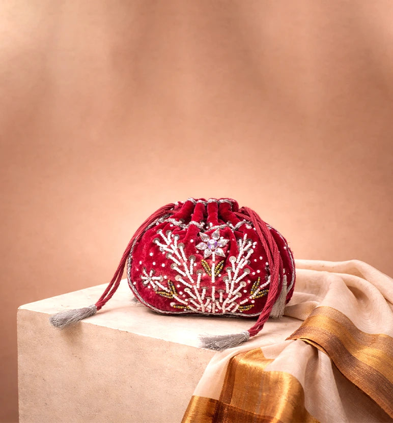 Handcrafted Red Velvet Zari & Zardozi Potli Bag
