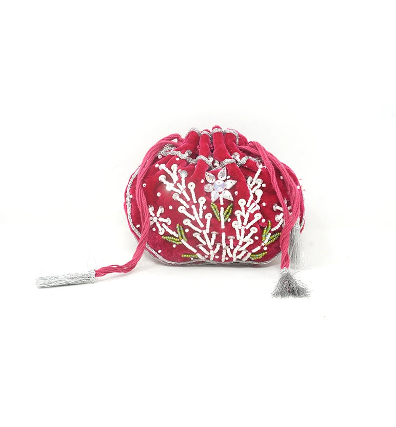 Handcrafted Red Velvet Zari & Zardozi Potli Bag