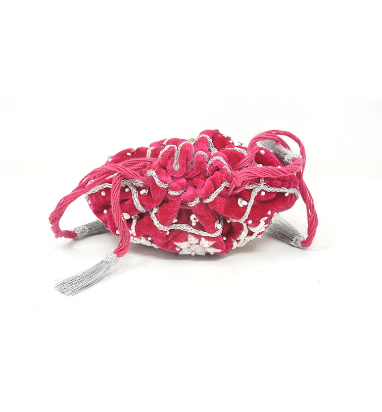 Handcrafted Red Velvet Zari & Zardozi Potli Bag