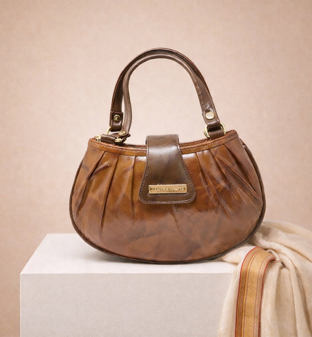 Premium Sheep Leather Pleated Mini Handbag – Brown