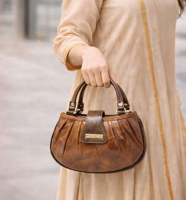 Premium Sheep Leather Pleated Mini Handbag – Brown