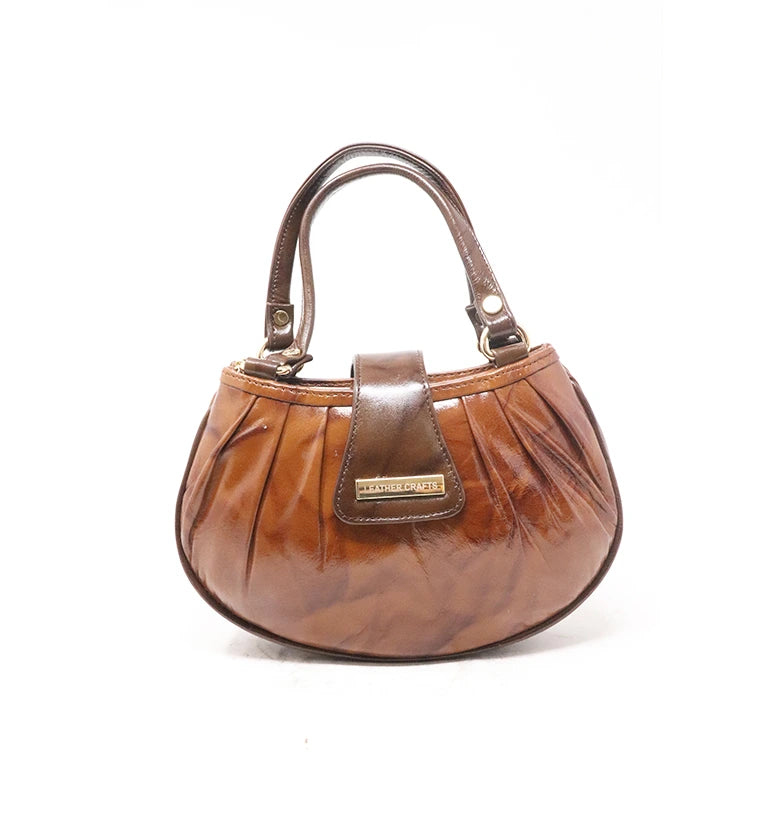 Premium Sheep Leather Pleated Mini Handbag – Brown