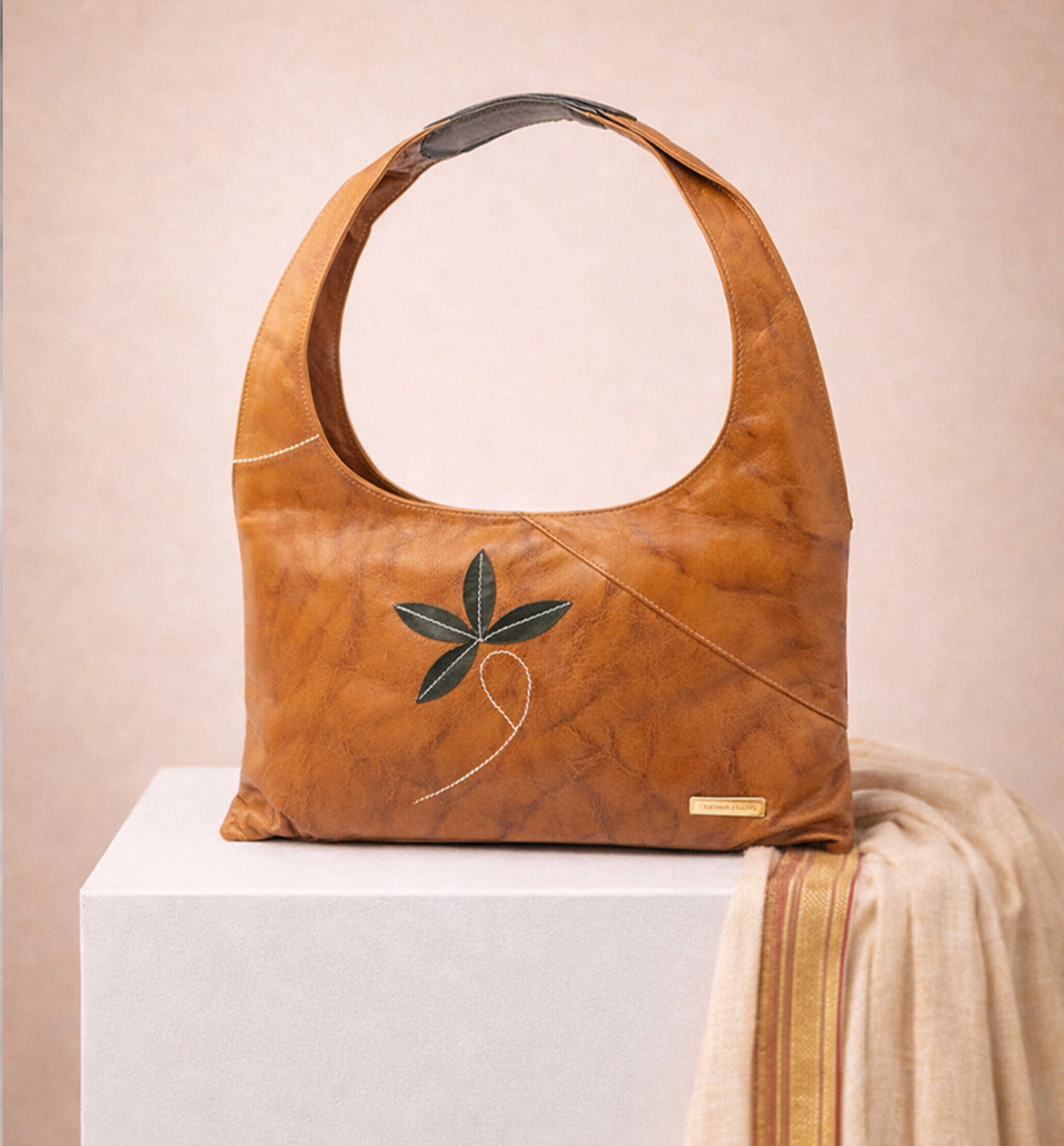 Premium Sheep Leather Hobo Shoulder Bag with Leaf Appliqué – Tan