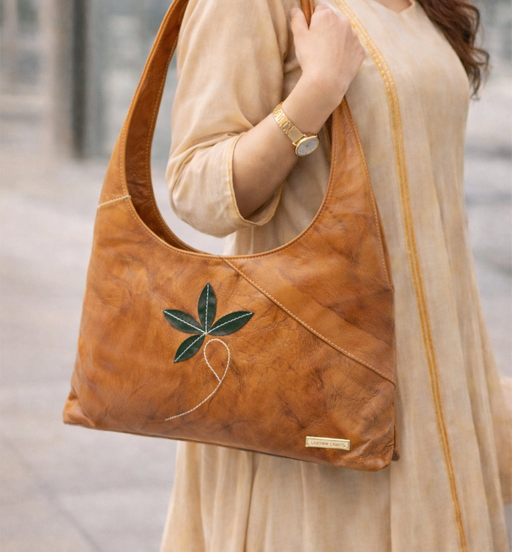 Premium Sheep Leather Hobo Shoulder Bag with Leaf Appliqué – Tan