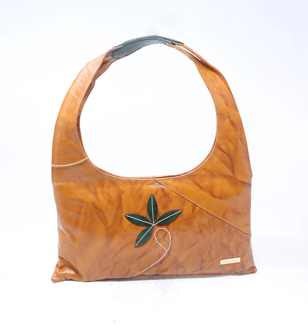 Premium Sheep Leather Hobo Shoulder Bag with Leaf Appliqué – Tan