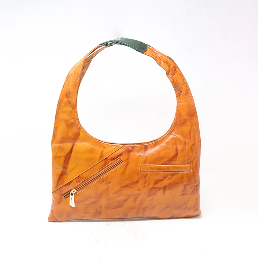 Premium Sheep Leather Hobo Shoulder Bag with Leaf Appliqué – Tan
