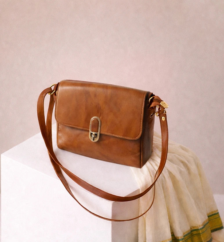 Premium Handcrafted Sheep Leather Flap Crossbody Bag – Tan Brown