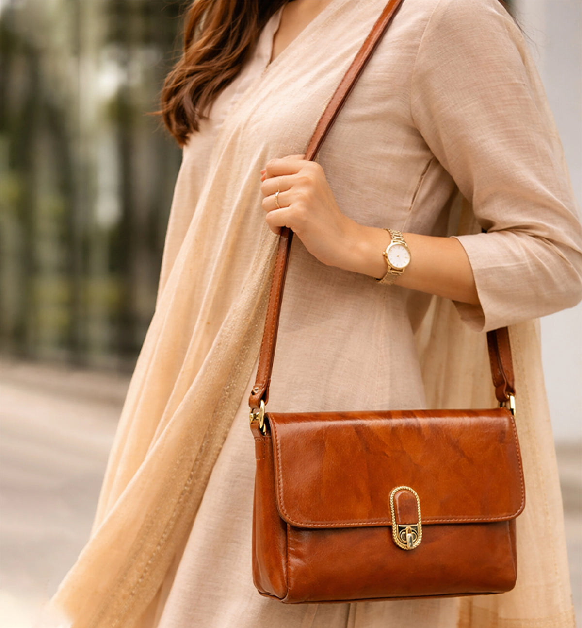 Premium Handcrafted Sheep Leather Flap Crossbody Bag – Tan Brown