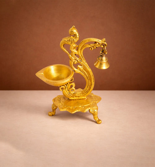 Handcrafted Brass Peacock Oil Lamp with Hanging Bell – Gold Finish