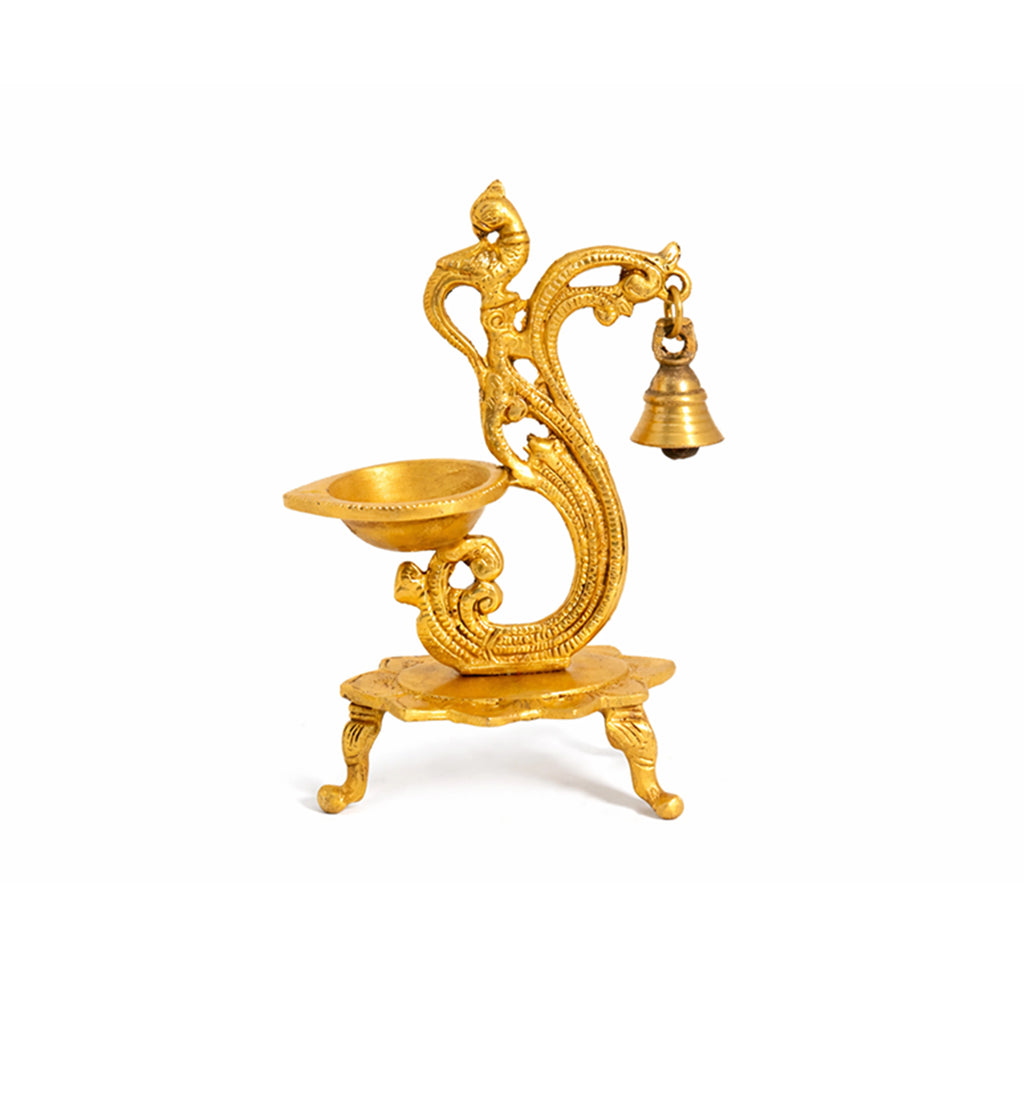 Handcrafted Brass Peacock Oil Lamp with Hanging Bell – Gold Finish