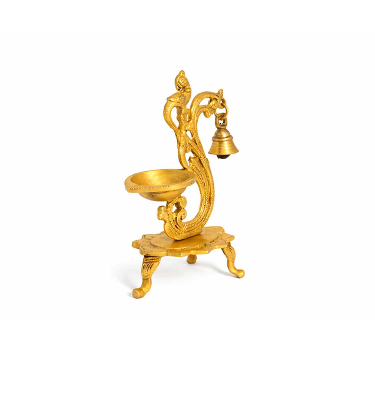 Handcrafted Brass Peacock Oil Lamp with Hanging Bell – Gold Finish