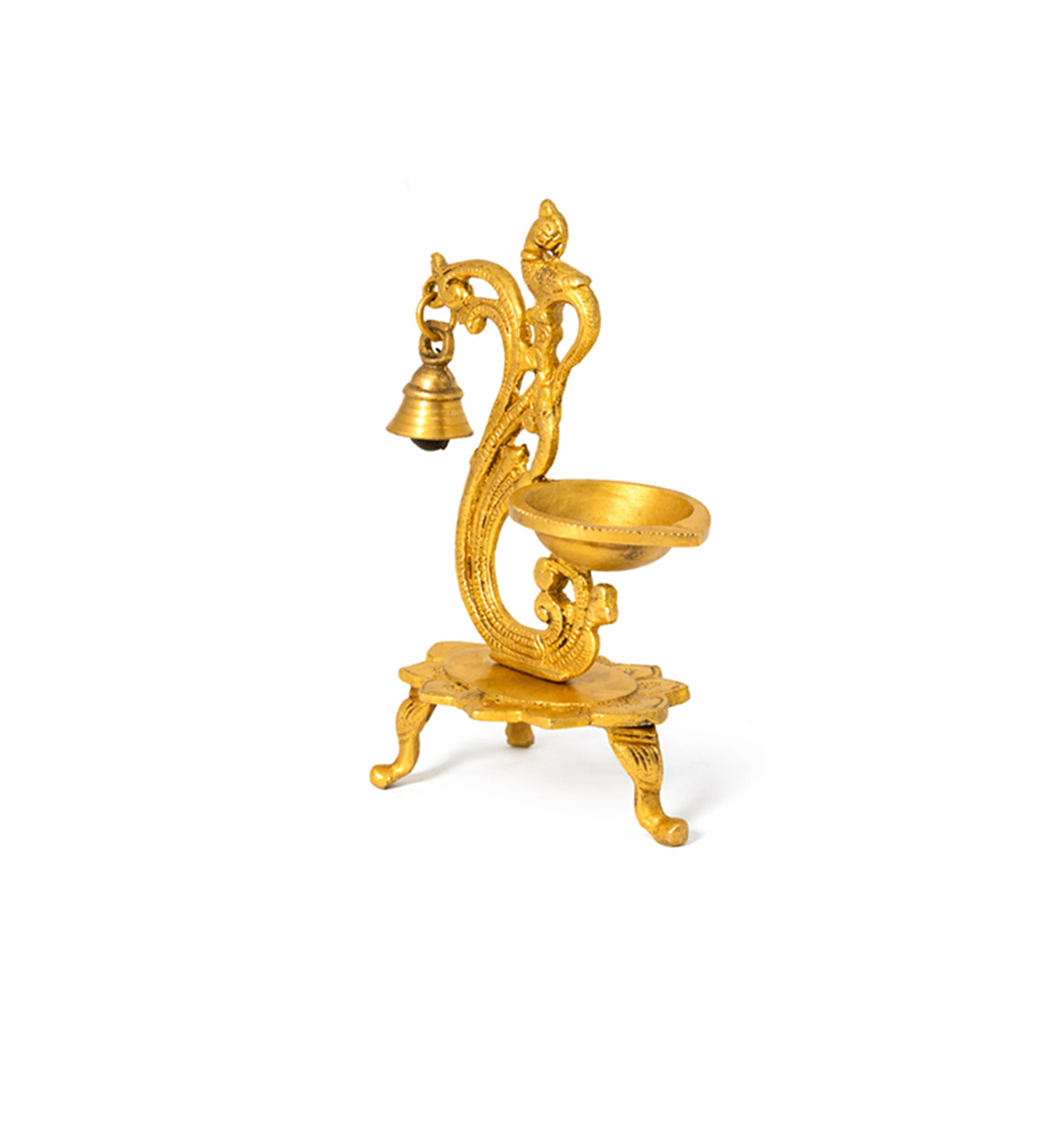 Handcrafted Brass Peacock Oil Lamp with Hanging Bell – Gold Finish