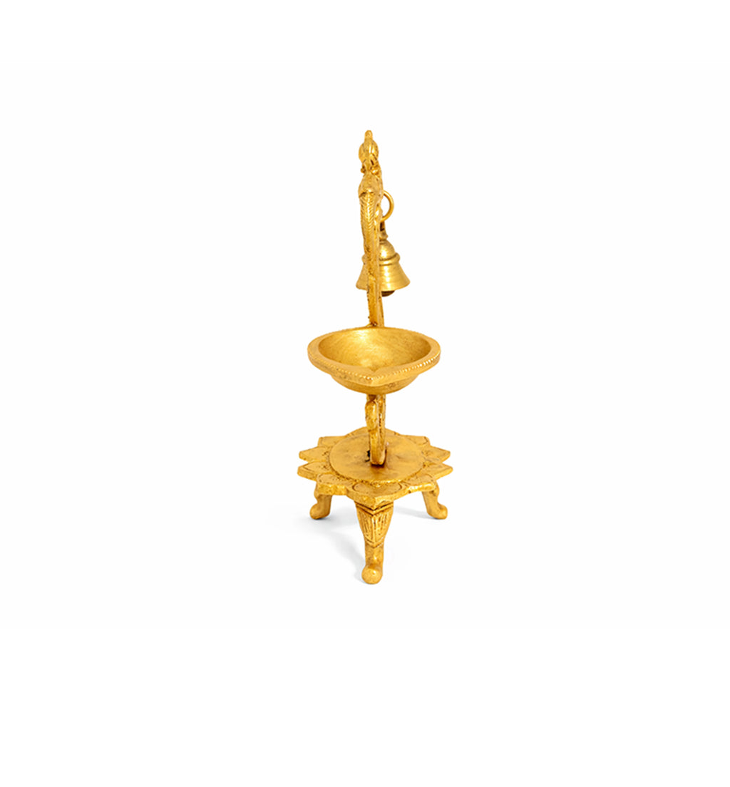 Handcrafted Brass Peacock Oil Lamp with Hanging Bell – Gold Finish