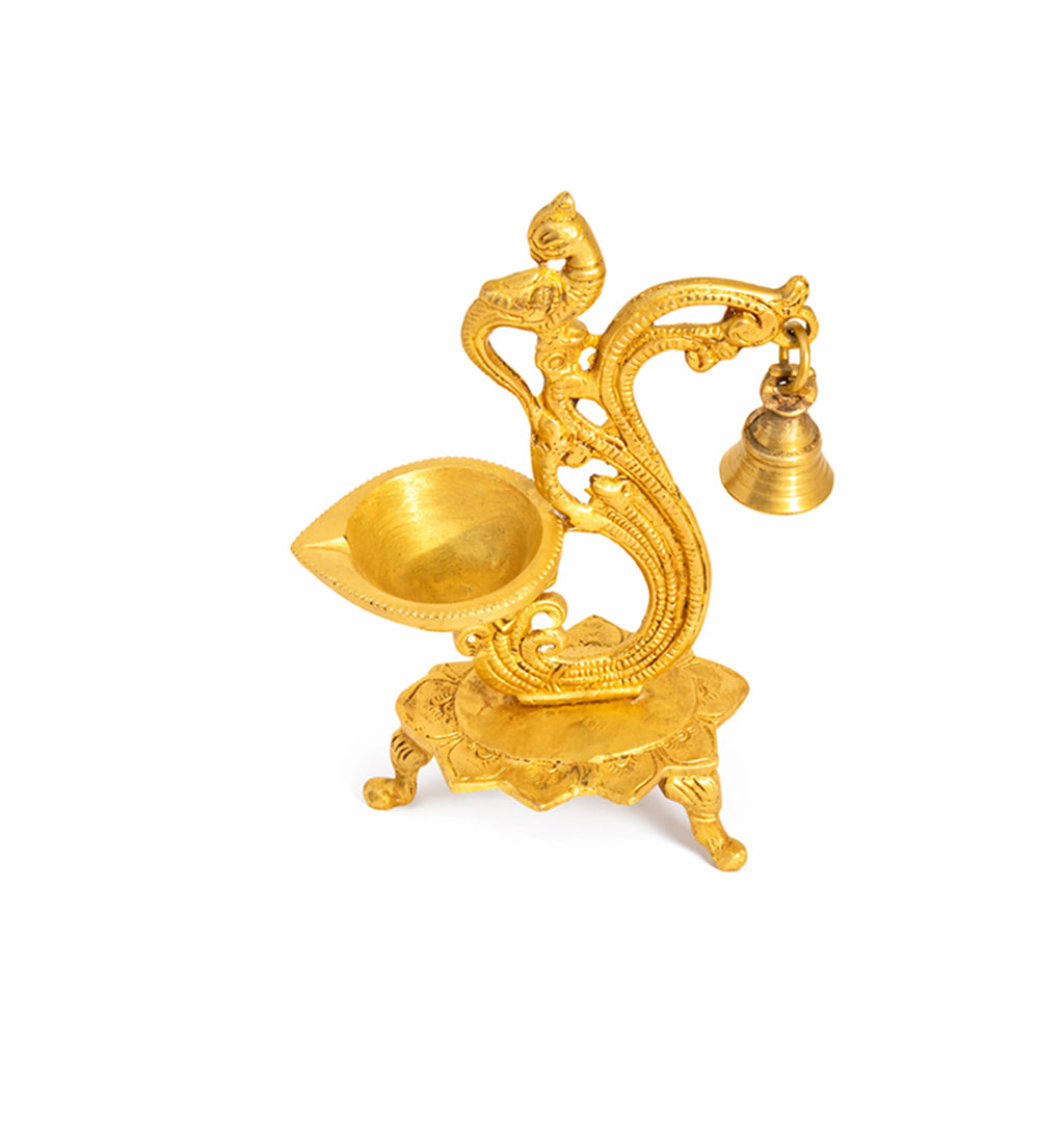 Handcrafted Brass Peacock Oil Lamp with Hanging Bell – Gold Finish