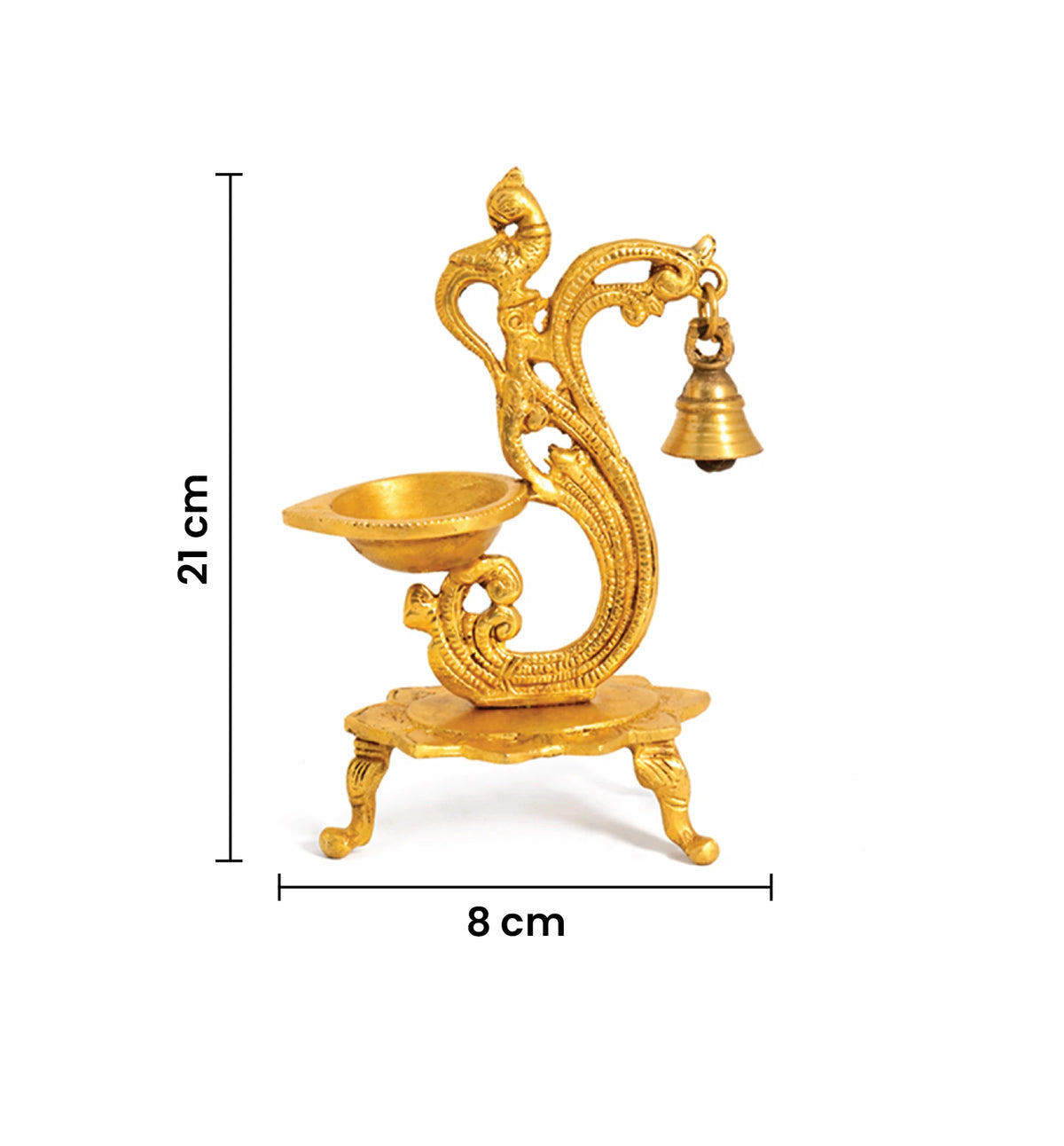 Handcrafted Brass Peacock Oil Lamp with Hanging Bell – Gold Finish